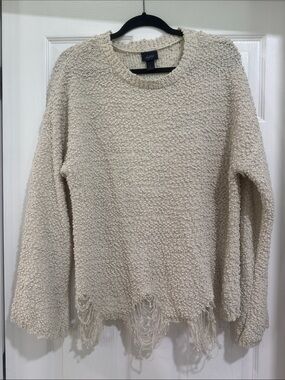 Daytrip Cream Textured Fringe-Hem Crew Sweater